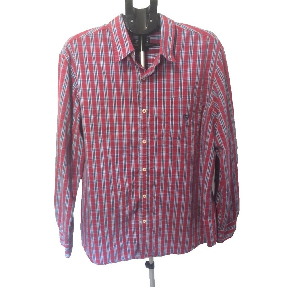 Chaps Easy Care Stretch XXL 2XL Cotton Blend Plaid Red Blue Button Front Shirt